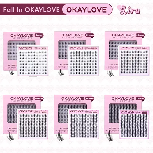 OKAYLOVE Lira Cosmetic D-Curl Cross Cluster Lashes Kit, Lightweight Soft Fibers, Assorted 8-18MM (8/10/12/14/16/18MM) False Extensions, Easy At-Home DIY Application, Nature-Inspired Makeup Gift for Girls, Assorted False Eyelashes & Adhesives