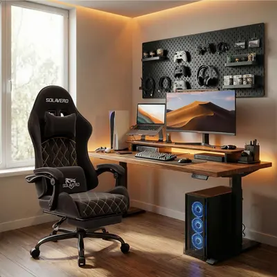 HLDIRECT Ergonomic Fabric Gaming Chair, Swivel Computer Office Chair with Lumbar Support, Footrest, Headrest, Height Adjustable, Metal Frame, 200 lbs Load Capacity Bamboo Desk table study summerwins
