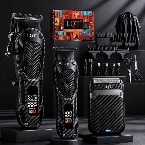 LQT Professional 3-Piece Men's Grooming Kit - Durable Cordless Hair Clipper for At-Home Haircut & Hair Styling, Beard Trimmer for Beard Care Routine, Rechargeable Foil Shaver with Carbon Fiber Finish, 2000mAh Battery