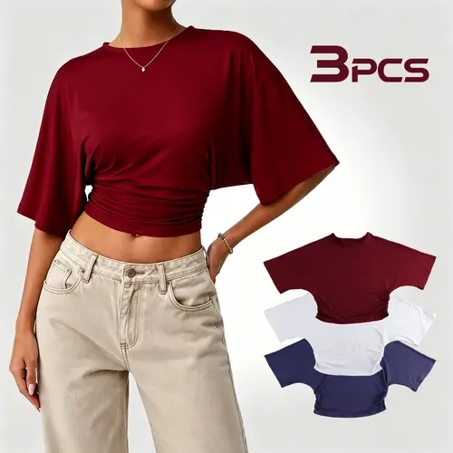 Yimoon 3pcs Women's summer casual solid-color bat-sleevefashion T-shirt, suitable for wearing at home,during sports, at work, while shopping, atparties, and at bars