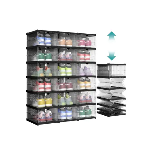 SONGMICS Collapsible Transparent PP Plastic Shoe Storage Boxes - Shoe Holder, Compartmentalized House Organizers, Stackable Portable Racks, 20-25 Kg Capacity, Folding Adapts to Space, Fits US Size 13, Great for Closets, Hallways, Shelves, Home Supplies