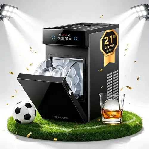 ecozy 2.1 Inch Clear Ice Ball Maker Countertop with CrystalFlux Technology, Minimal Footprint Sphere Ice Maker with 8H Timer, 1 pc in 30 Mins, 48 pcs/Day, Self-Cleaning for Home Bar Whiskey & Bourbon,