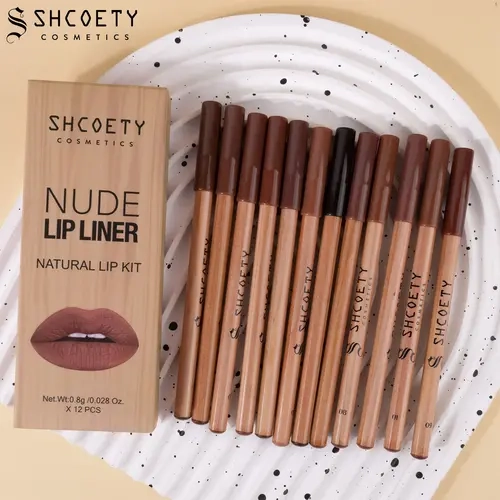 12 Pcs Nude Lip Liner Set, Natural Wood Lip Pencil Kit, Creamy Smooth Matte Formula, Long-Lasting Smudge-Resistant Lip Contour Pencils for Defined Lip Shape, Easy to Apply, Blend and Layer for Daily.