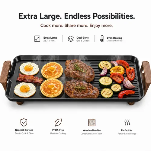 AORAN Electric Nonstick Grill and Griddle Combo - Portable Table Top Kitchen Appliance, Comal-Style Griddle, Removable Adjustable Temperature Setting, Nonstick Surface, Smokeless Indoor BBQ for Camping Gatherings, Hassle-Free Cooking