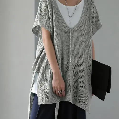 Women's Plain V-Neck Sleeveless Loose Knit Pullover Sweater, Knitwear, Spring Summer Cool Breathable Knitted Top, Casual Fashion