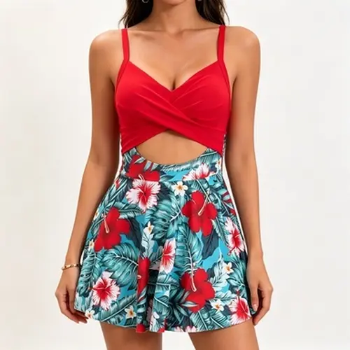 AgeRose Women's Skirt Style Swimsuit Dress - Nylon Highwaist Tummy Hug V-Neck, Wrap Tie-Back, Cutout Chic, Beach-to-Party Wear, 1-Piece Fit Keeps Styling Simple Vacation Pool Resort Swimwear