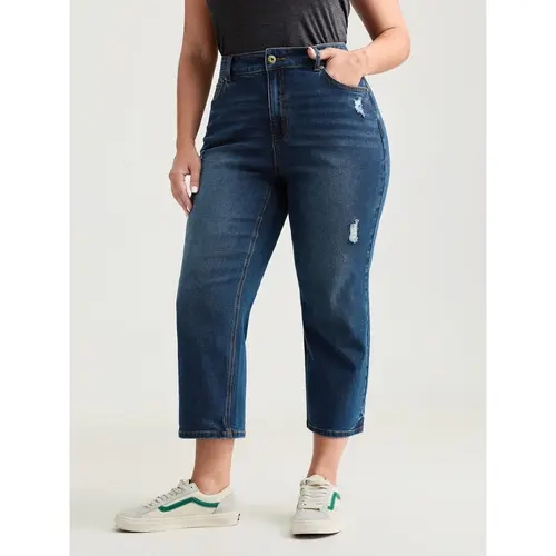 BloomChic No-Gap Waist Distressed Cropped Jeans 【M-6XL】