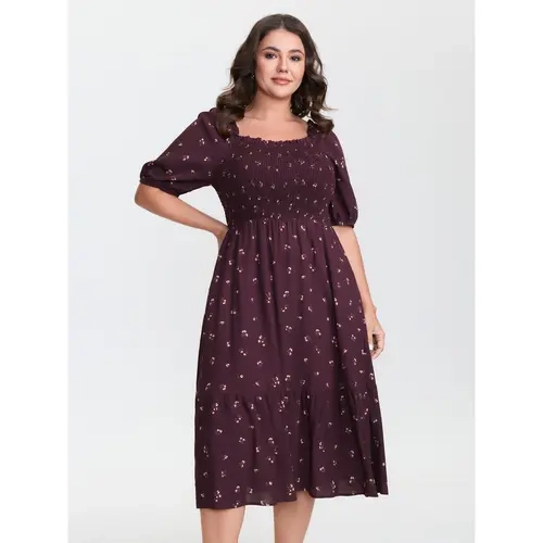 BloomChic Micro Floral Shirred Bodice Midi Dress 【M-6XL】