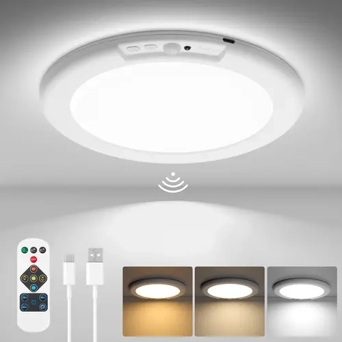 Modern Thin Recessed Lighting, 0.5in Magnetic Wireless LED Ceiling Lights, Rechargeable Battery-Operated, 15 to 40+ Hours Runtime, Type-C Charge, Motion Sensor, Remote Control, Stepless Dim, 3 Color Modes, Adhesive Tape Included for Laundry Room, Closet
