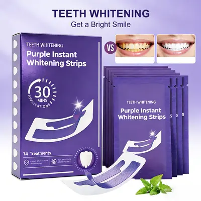 Purple Teeth Whitening Strips 14 Pairs – Peroxide-Free & Enamel Safe for Sensitive Teeth, No Pain Yellow Stain Corrector, Natural Color Enhancement for Brighter Smile, Daily & Travel Use
