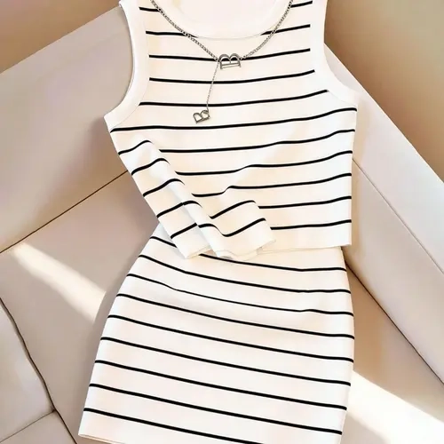 Summer Women's Striped Two-Piece Matching Set, 2026 New Style, Casual Trendy Sleeveless Short Tank Top & Sexy Bodycon Mini Skirt, Suitable for Commuting, Dating and Daily Wear, Fashion Clothes Set
