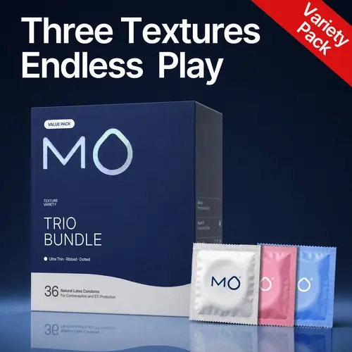 MO Trio Bundle Variety Pack Men's Natural Rubber Latex Condoms - Universal 53mm Fit, 3 Sensations (Ultra Thin-Ribbed-Polka Dot/Textured), Silicone Glide, pH Balanced, Comfortable Protection, 36 Pcs, Free 3-Day Shipping