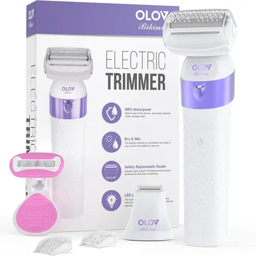 OLOV Women's Bikini Trimmer - Portable Wireless Rechargeable Cordless Electric Shaver, Showerproof, LED Light, 2 Interchangeable Blades, Travel-Friendly, for Smooth Face & Body Hair Removal, Batteries Included, Portable Wireless Trimmer, Rechargeable Cord