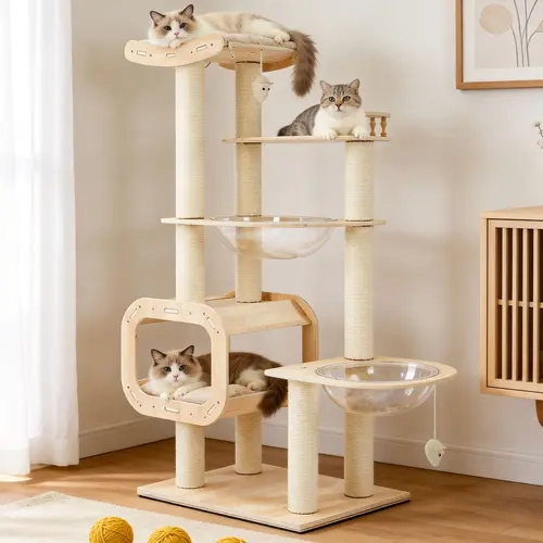 【SohoChic】ZZWHOM Contemporary Waterproof Tear-Resistant Calming No-Drill Heavy-Duty 4-Story Cat Tree - Solid Wood Boards, Multi-Column Design, 55.9in, 50lb Capacity Tower for Multi-Cat Apartment Use with Spacious Open Condo, Double Space Capsules, Perch