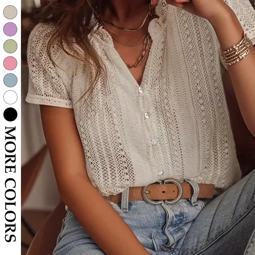 Women's French Vintage Lace Cutout Shirt, V Neck Pearl Button Short Sleeve Top, Summer Vacation Chic Blouse for Girls