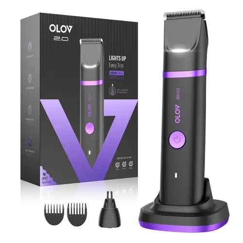 OLOV Hair Removal Trimmer for Men, Waterproof Body & Pubic Groomer with Skin-Friendly Ceramic Blades, LED Light, and USB-C Charging Dock, Usb Rechargeable Trimmer