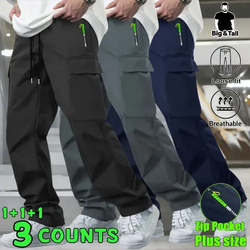 Men's Big & Tall Relaxed Fit Casual Trousers, Elastic Drawstring Waist Multi Pocket Plus Size Pants, Breathable Streetwear Bottoms, Outdoor Hiking Gym Daily Sweat Pants, Deep Phone Pockets Extended Inseam Everyday Wear