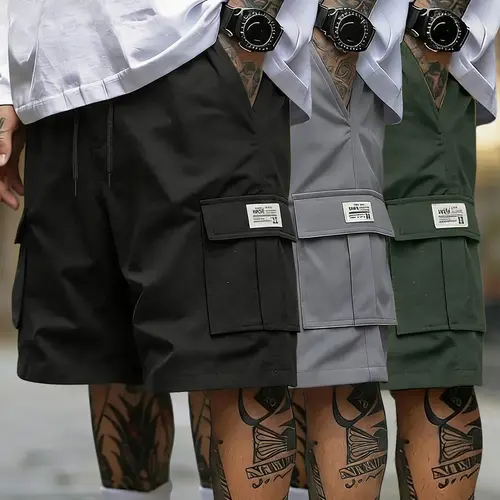 Men’s casual cargo shorts set (3 pieces) — loose fit with elastic drawstring waist, lightweight breathable fabric, multifunctional pockets suitable for summer sports and everyday wear, drawstring waistband.,father'sdaygifts
