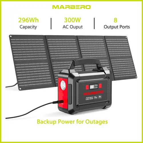 MARBERO 296Wh Portable Solar Generator (200W+) with 60W Panel, 2x300W Pure Sine Wave AC Outlets (330W Surge), 8 Output Ports, Built-in Flashlight for Camping, Outages, Portable Inverter Power Supplies, Solar Energy Storage, Outdoor Battery Packs