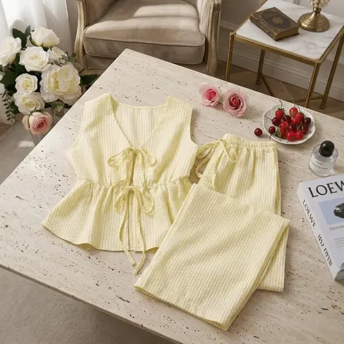 Women's Summer 2-Piece Gingham Clothing Set - Casual Tie Front Peplum Sleeveless Top, Wide Leg Pants Basic Outfit 2 piece sets women