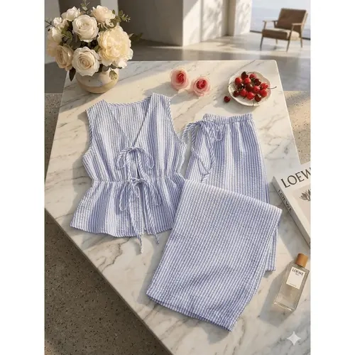 Women's Classic Patterned 2-Piece Pants & Top Set - Sleeveless Peplum Top, High-Waisted Pants, Casual Women's Fashion Clothes