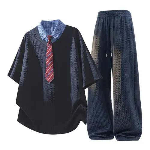 Men's Stylish 2-Pcs Menswear Set - New Summer Colorblock Notched Tie Lapel Short Sleeve Polyester Shirt + High-Waisted Drawstring Wide-Leg Pants, Chic Male Clothing, Sneaker-Ready Look, Preppy Jacquard Basics (For Sports) #SummerWins