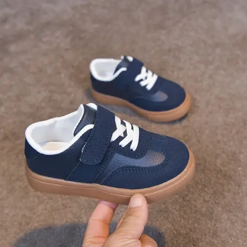 All-Season Low Top Casual Shoes, Comfortable PU Leather, Patchwork Design, Rubber Sole, Ideal for Kids' Sports & Daily Wear