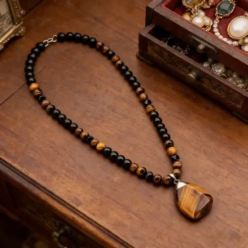Men's Retro KC 1-Piece Lucky Natural Tiger Eye Geometric Gemstone Pendant Necklace - Adjustable Beaded Design, Black Onyx, Grounding Protective Unisex Crystal and Stone Mix Beaded Necklaces, Vintage Boho Vibe, Fits Most Neck Sizes, Daily Wear Gift