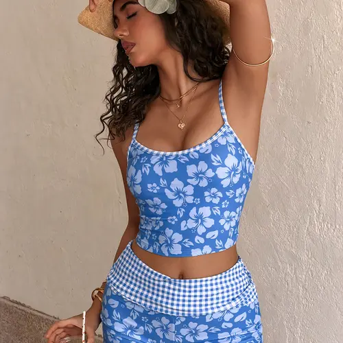 PEPPERMOLLY Women's Tropical Hibiscus Floral 2-Piece Tankini Swimsuit Set - Cami Tankini Top, High Waist Swim Shorts, Trendy Summer Beachwear Bathing Suit for Women, Two Piece Set,summervibes
