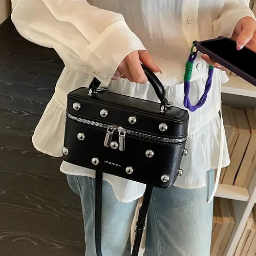 Women's Solid Color PU Square Bag, Fashion Rivet Decor Handbag, Cool Shoulder Crossbody Box Bag, Perfect for Shopping and Gifts