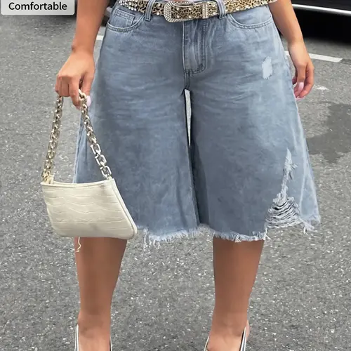 Women's Ripped Edge Seven-Eighths Denim Jeans, Summer Wide Leg Design, Sexy Fitted Button Fly, Natural Waist, Long/regular Length, Frayed Edge Design