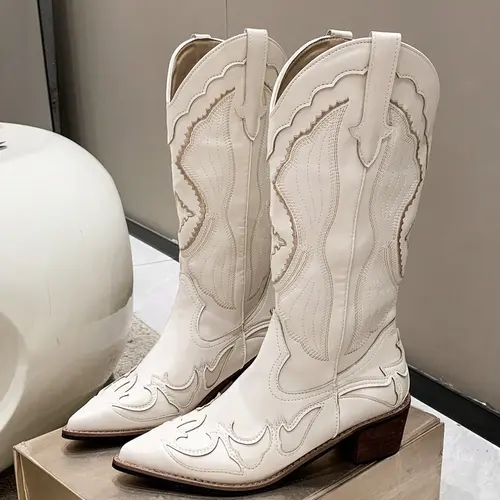 Women's Western Cowboy Boots Cowgirl Boots 2026 New Pointed Toe Embroidered Tall Boot, Vintage Knight Boot, Thick Heel Mid Heel Long Boot, American V-Neck Horse Boot, Rodeo Western Boots, Western Style Boot