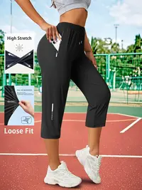 1 piece women’s ice silk breathable high-stretch capri pants with drawstring waist and zippered pockets, comfortable and skin-friendly, yoga training pants suitable for outdoor activities, jogging, Pilates, gym workouts, and home wear.