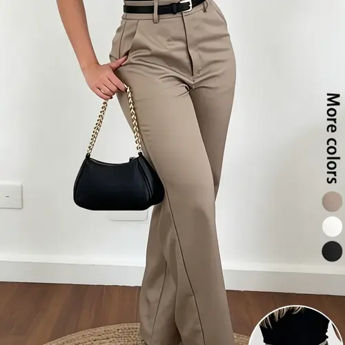 Women's Elegant Business Casual Plain Long Pants, Business Casual Trousers, Zipper Fly Design, High Waist Loose-Fit Straight Leg Pants, Womenswear, Bottom, No Belt Needed