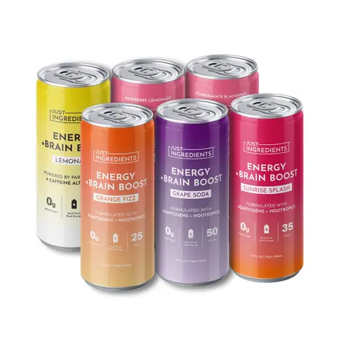 Just Ingredients Energy + Brain Boost -  12 oz Cans - Sparkling Energy Beverage - Adaptogens & Nootropics - Flavored with Real Fruit - No Added Sugar - BPA-Free Cans