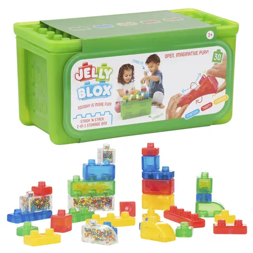 Jelly Blox Stash & Stack 2in1 Storage Case with 30 Colorful Blocks for Tactile Sensory Play and Developmental Fun Ages 2+