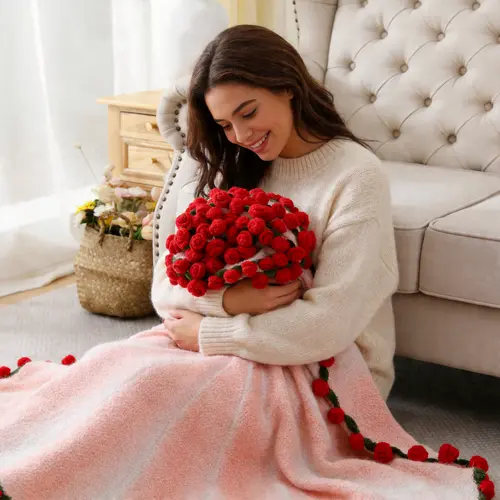 【Halloween】DOWNCOOL Hand Crocheted Floral Blanket - 3D Rose Bouquet, 3D Flower Shape, Sunflower/Lily of the Valley, Breathable, Durable, Hypoallergenic French Country Style, 2 Sizes:43" or 63", Romantic Gifts for Girlfriend, Gifts for Women,Bed/Sofa Decor