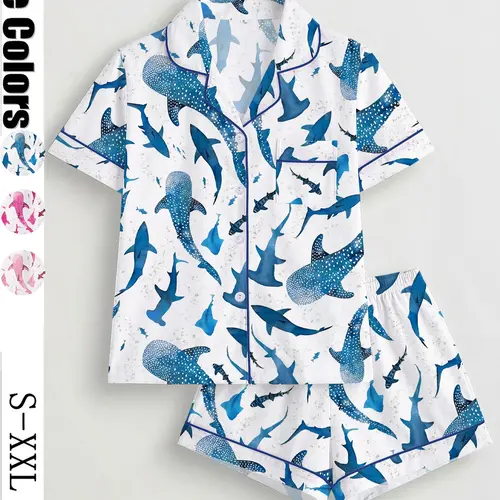 Women's Shark Print Pajama Set, Short Sleeve Button-Up Top and Elastic Shorts, Casual All-Season Sleepwear, Comfortable Home Wear, Homewear, Pyjamas, Pjs