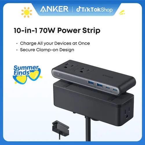 [live only] Anker Nano Power Strip, Desk Clamp with 1500J Surge Protection,5 ft Extension Cord, 70W Max Gaming Desk Accessory, 6 AC, 2 USB A, 2 USB C, Home Office Essential, Fitts 0.6 - 1.8" Tabletop Edge