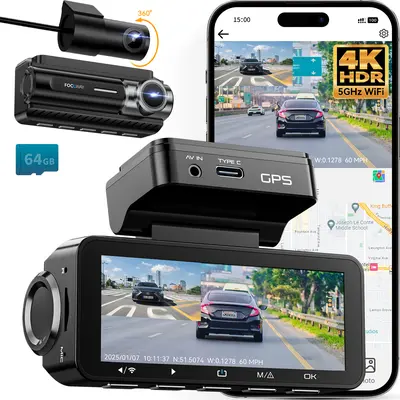 【BLOWOUT】FocuWay D2 Duo Dash Cam Front and Rear | True 4K Front + 1080P Rear | Free 64GB Card | Touch Screen, Voice Control, GPS & WiFi, HDR Night Vision, 160° Wide Angle, 24H Parking Mode