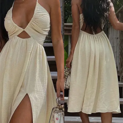 Summer New Sexy V-Neck Dress, Loose Beach Style Split Dress, Women's Chic Fashionable Long Dress, Casual Beach Sundress, Perfect for Vacation