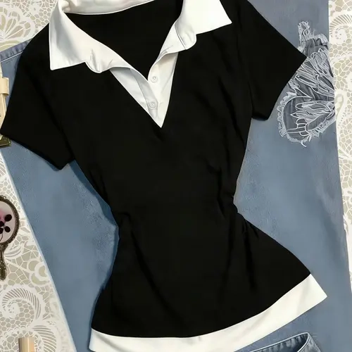 Women's Colorblock Polo Shirt, Long Sleeve Fitted Top, Plain Pattern, Casual Sweet Cute Versatile T-Shirt, Perfect for Everyday Wear