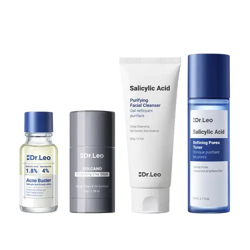 Dr.Leo 4-Step Acne Treatment Kit for Oily Skin - Cleanser, Clay Mask, Exfoliate, Lotion, Detox Pores, Reduce Breakouts, Banish Blackheads, Control Oil, Oil Control