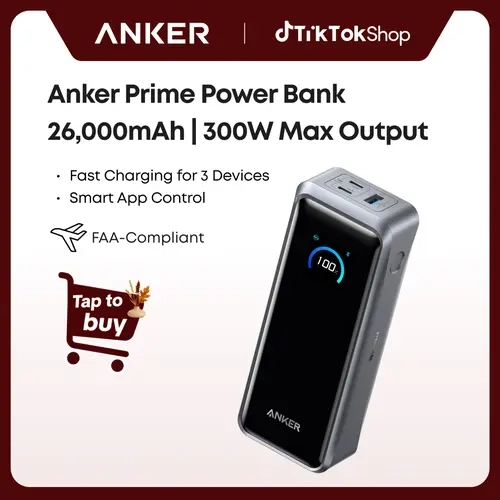 [Spotlight Live]  Anker Prime Power Bank, 26,250mAh 3-Port Portable Charger with 300W Max Output, Two-Way Charging, TSA-Approved, App Control, for MacBook, iPhone 17/16 Series, and More (Base Not Included), Cable, Mobile, Usb