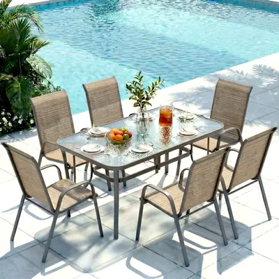 【TiktokShopStockUp】Arlopu 7-Piece Outdoor Patio Dining Set for 6, Outdoor Dining Table with Umbrella Hole and 6 Textilene Stackable Chairs for Garden Backyard Poolside, Black/Gray/Blue/Brown