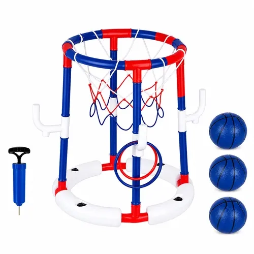 Skirfy Floating Pool Basketball Hoop Set - Unisex Kids (10+ Years) & Adults All Ages Sports Water Toy, PE Plastic, 3 Floating Foams, 3x6.7in Balls, Pump, Stability Boost, Easy Assembly, Family Gatherings Use