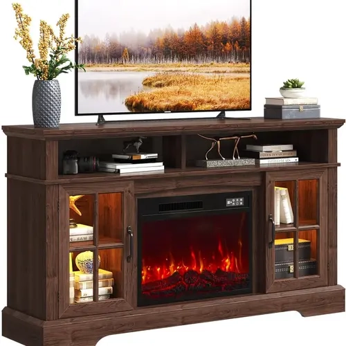 Fireplace TV Stand, Modern Entertainment Center for TVs Up to 70", TV Console with Storage Cabinets & Electric Fireplace, Brown Media Console for Living Room