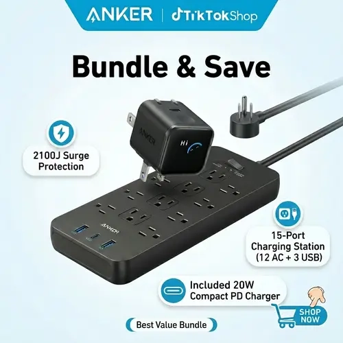 Anker Rectangle Surge Protector Power Strip - 2100J, 5ft Extension Cord, 12 AC Wall Outlet Extenders, 2 USB A Ports, 1 Type C Port, Anker Smart Display Charger, Nano 45W Fast Charging USBC Charger with Smart Recognition & Built-In Care Mode