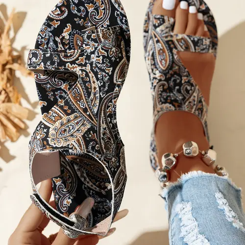 Boho Cashew-Flower Open-Toe Sandals, Beach Slide Sandals, Bohemian Sandals, Boho Style Sandals, Stylish Comfortable Footwear for Summer Vacation