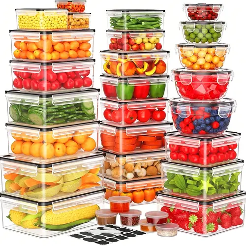 62-Piece Airtight Food Storage Containers Set with 31 Lids & Labels, 85oz BPA-Free Leakproof Stackable Snack Containers, 4-Clip Lock Large Bins with Handle for Busy Mom Meals, Microwave-Dishwasher Safe Kitchen Gadgets for Fridge Prep